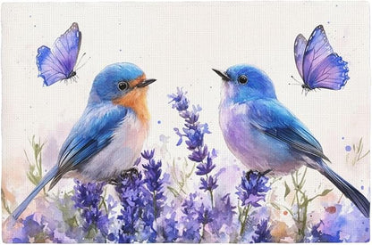 Lavender Birds Placemats Set of 6 Washable Table Mats Spring Floral Flower Heat-Resistant Cotton Linen Place Mats for Dining Table Kitchen Indoor Outdoor Party Holiday Decor