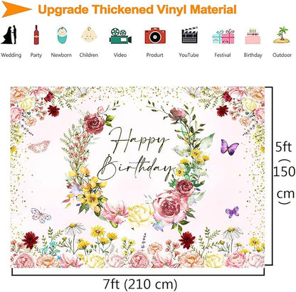 Pink Floral Wildflower Happy Birthday Backdrop Banner Decorations for Girl,Watercolor Flower Butterfly Birthday Backdrops Background for Wildflower Theme 1st Bday Party Supplies Photobooth Props 7x5ft