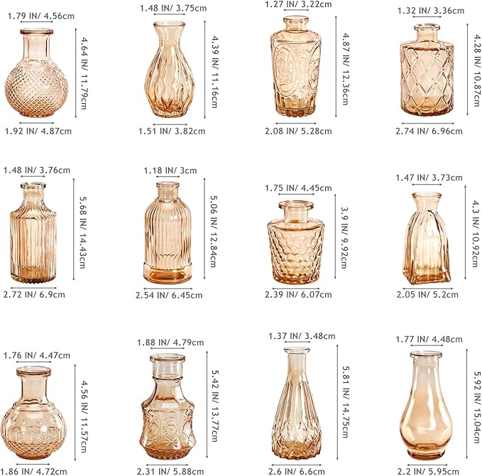 Amber Glass Vase Set of 12, Clear Bud Vases in Bulk, Mini Vases for Flowers, Small Flower Vases for Centerpieces, Vintage Decorative Embossed Vase for Home Decor, Wedding Table Decoration