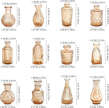 Amber Glass Vase Set of 12, Clear Bud Vases in Bulk, Mini Vases for Flowers, Small Flower Vases for Centerpieces, Vintage Decorative Embossed Vase for Home Decor, Wedding Table Decoration