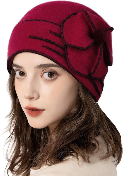 Sumolux Beanie Hats for Women Wool Skull Cap Beret Floral Cuffed French Vintage Dress Cloche Classic Winter 1920s
