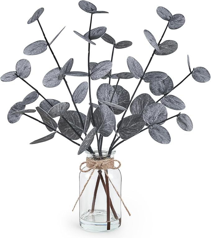 Artificial Eucalyptus Stems in Glass Vase with Faux Water Halloween Decor, 14” Fake Plants for Home Decor Table Centerpieces Office Bathroom Faux Plants Indoor Black Decorations