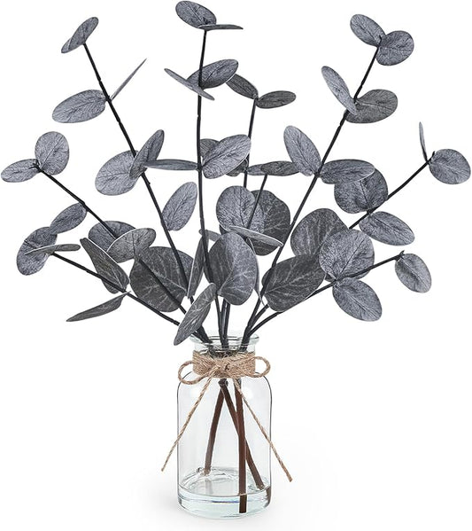 Artificial Eucalyptus Stems in Glass Vase with Faux Water Halloween Decor, 14” Fake Plants for Home Decor Table Centerpieces Office Bathroom Faux Plants Indoor Black Decorations
