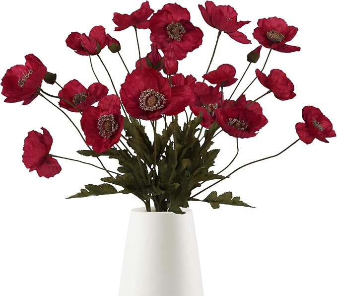 IPOPU Red Poppy Flowers 6pcs Artificial Poppies Faux Vintage Silk Flower Arrangements for Wedding Centerpieces, Home Table, Bridal Shower Party Decorations