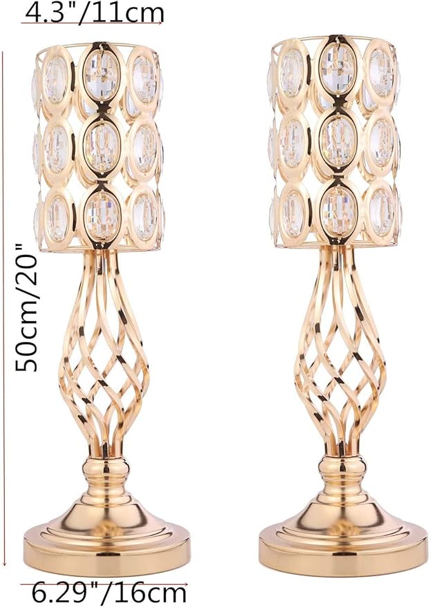 20in Metal Crystal Wedding Centerpiece Vases for Tables Set of 2, Gold Trumpet Flower Vase Stands for Wedding Party Reception Dining Room Living Room Décor
