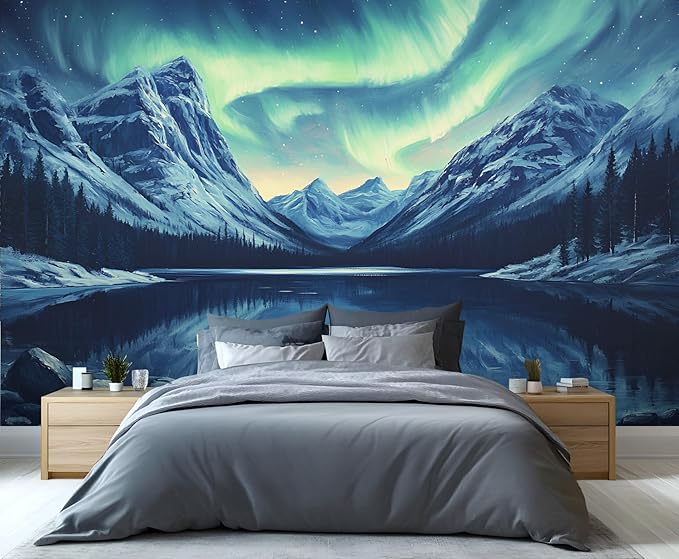 Northern Lights Mountain Wall Mural, Aurora Borealis Lake 3D Wall Murals, Snowy Peaks Starry Sky Wallpaper Mural, for Living Room Bedroom Large Wallpaper Indoor Decor 98.4" W x68.9 H