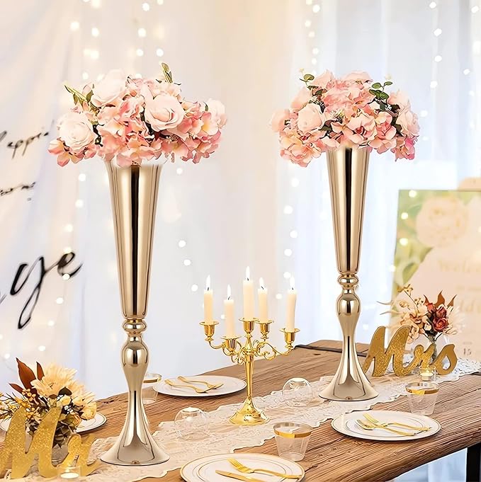 Gold Centerpieces for Table Wedding Vase - 2 Pcs 21.9" Tall Versatile Metal Trumpet Vase Tabletop Flower Stand for Party Dinner Anniversary Ceremony Centerpiece Event