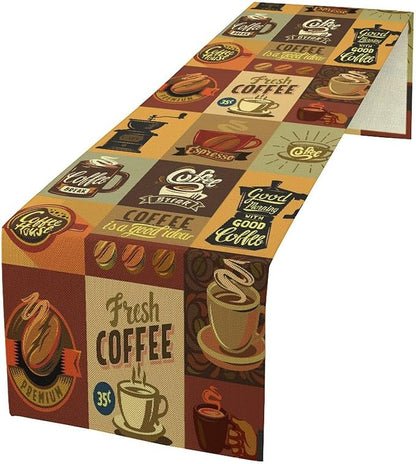 Vintage Coffee Theme Table Runner Cups of Coffee Beverage Mugs Seasonal Dinner Runner Table Decoration for Farmhouse Cabin Home Kitchen Dining Holiday Party 13x108in
