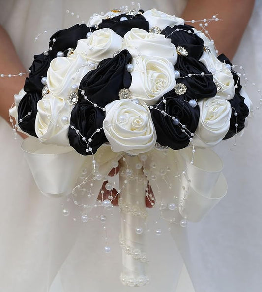 Bridal Wedding Bouquet Round Bling Brooch Bouquet Throw Toss Artificial Rose Flower Bunch for Bride Bridesmaid Wedding Quinceanera(Black & Ivory, 7.5")