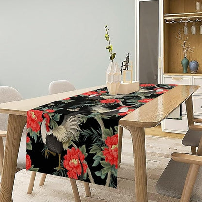 Rooster Floral Table Runner Vintage Farm Chicken Peonies Flower Dinner Runner for Country Farmhouse Home Kitchen Dinner Table Holiday Party Decoration 13x108in