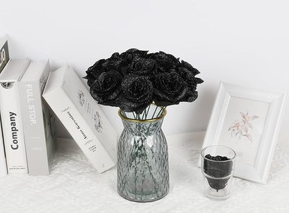 Black Glitter Roses,30PCS Fake Roses Flowers Artificial Roses with Stems for DIY Crafts Wedding Bouquet Party Home Decor(Black)
