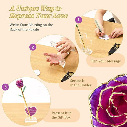 Mikasol Real 24K Gold Dipped Realistic Rose – Timeless Lifelike Bloom with Heart Puzzle Base – Romantic Purple Flower Gift for Her, Wife, Girlfriend, Mom – Birthday, Anniversary, Mother’s Day (Purple)