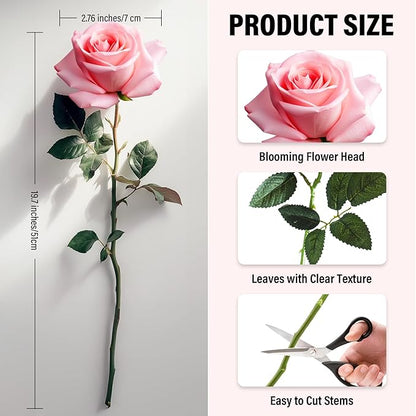 20PCS Artificial Roses with Long Stems - Realistic Silk Flowers, Fake Roses Bouquet of Roses for Home Decor, Bridal Wedding Party Table Centerpieces, Bulk Faux Rose Flowers (White Pink)