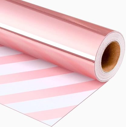 Merture Pink Wrapping Paper Roll Reversible - 17 In X 32.8 Ft(46.5 sq.ft.) Metallic Pink and Stripe Design Gift Wrap for Mothers Day, Wedding, Birthday, Christmas, Baby Shower, Valentines Day