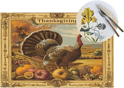 PVC Placemats Set of 1 Wipeable Table Mats Washable Heat Resistant Non Slip Vinyl Dining Table Mat for Kitchen Indoor Outdoor Patio Farmhouse Place Mats Retro Turkey Thanksgiving Decorative