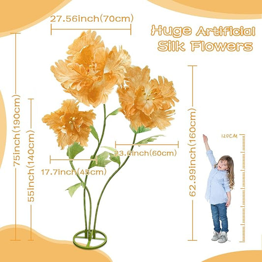 Artificial Large Huge Flowers Decoration, Giant Realistic Fake Flower 3 Pcs 6.1 Ft for Outside, Adjustable Waterproof Paper Faux Large Flower Home Wedding Party Garden Background Decor(Champagne)
