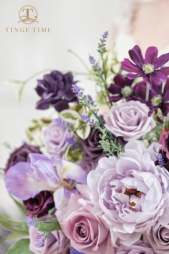 TINGE TIME 17 Inch Artificial Bridal Bouquet Realistic Silk Wedding Bouquet, Durable Fake Flowers for Brides, Bridesmaids, Home Decor, and Events (Lavender & Plum)