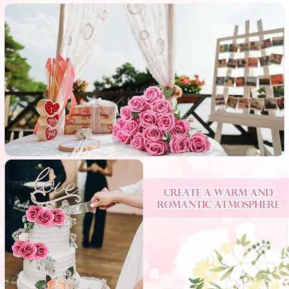 Jexine 50 Pcs Artificial Rose Flower Bulk Realistic Silk Fake Roses with Long Stem Plastic Artificial Flower Bouquet Real Looking for Home Wedding Centerpieces Party Decoration(Dark Pink Champagne)