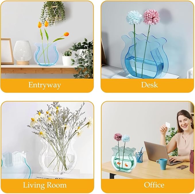 Mini Acrylic Fish Bowl Flower Vase for Small Fish or Plant, Lake Blue Decorative Acrylic Vase for Home Office, Modern Compact Bud Design Tabletop Décor (Lake Blue, Mini)