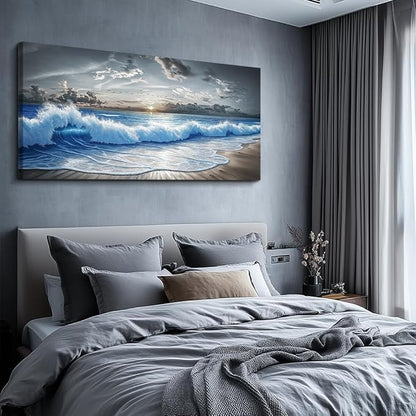 PHAOHUAXM Large Canvas Printed Artworks Mural Wall Decor For Living Room Wall Art For Bedroom Office Decor Black White And Blue Ocean Wave Landscape Painting Modern Home Decor Ready To Hang 30"X60"