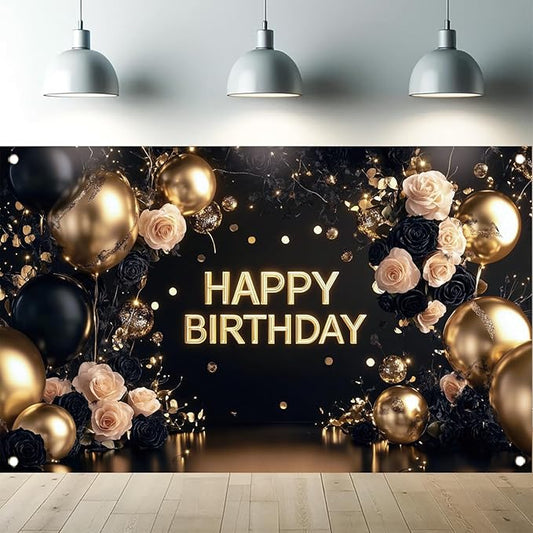 Black Gold Happy Birthday Backdrop Banner Elegant Rose Floral Balloon Photography Background Luxury Birthday Party Decoration Banner Photo Booth Props 71x43 Inch