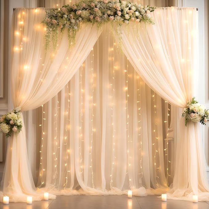 20x8ft Champagne Tulle Backdrop Curtain with Lights String for Parites, Sheer Backdrop Curtains for Wedding Baby Shower Birthday Party Photo Shoot Decorations