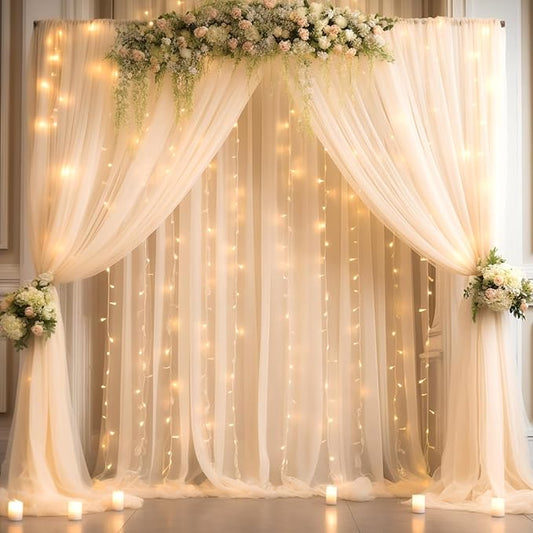 20x8ft Champagne Tulle Backdrop Curtain with Lights String for Parites, Sheer Backdrop Curtains for Wedding Baby Shower Birthday Party Photo Shoot Decorations
