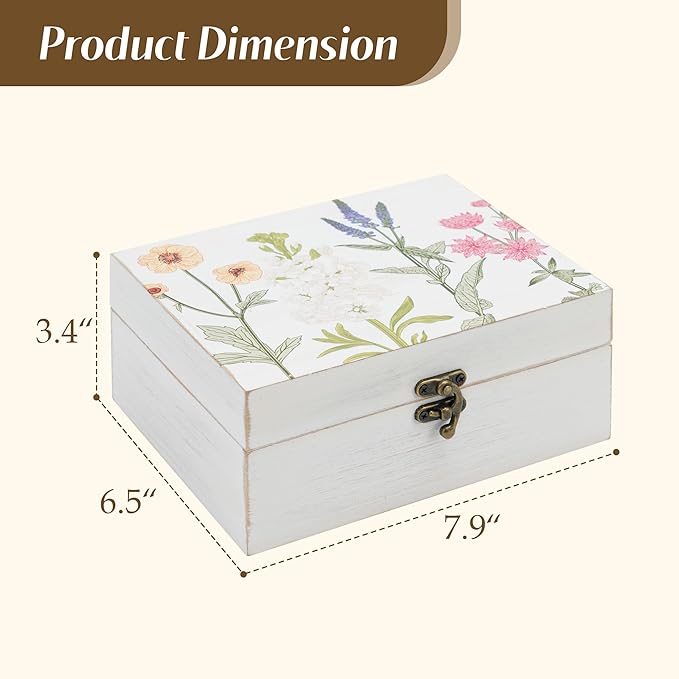 Small Decorative Box with Hinged Lid Wooden Handmade Keepsake Storage Box Floral Printed Jewelry Box Rustic Trinket Box - 7.9 x 6.5 x 3.4 Inches