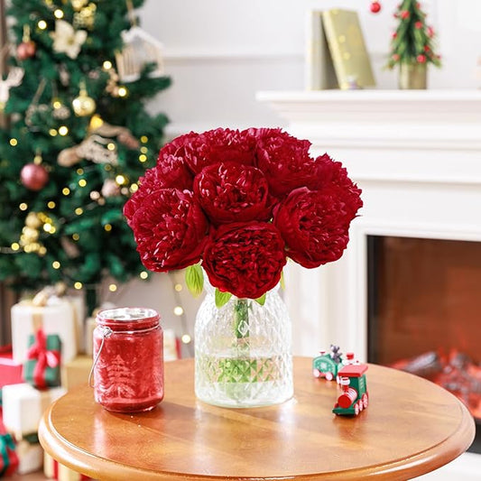 U'Artlines 10 Heads Artificial Peony Silk Flower Leaf Home Office Wedding Party Festival Bar Decor (Red)
