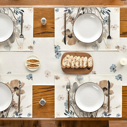Artoid Mode Brown Poppy Floral Leaves Placemats Set of 6, 12x18 Inch Seasonal Summer Table Mats for Party Kitchen Dining Decoration