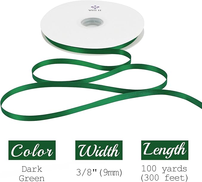 MEEDEE Dark Green Satin Ribbon - 3/8 Inch Double Faced Satin, 100 Yards for Wedding, Gift Wrapping, Crafts & Card Making