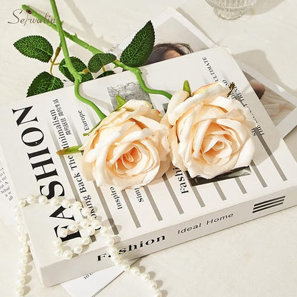 Serwalin 20pcs Artificial Roses, 4'' Big Flower Head, Champagne Velvet Silk Roses, Fake Roses Long Stem Realistic Bouquet for Wedding Table Centerpiece