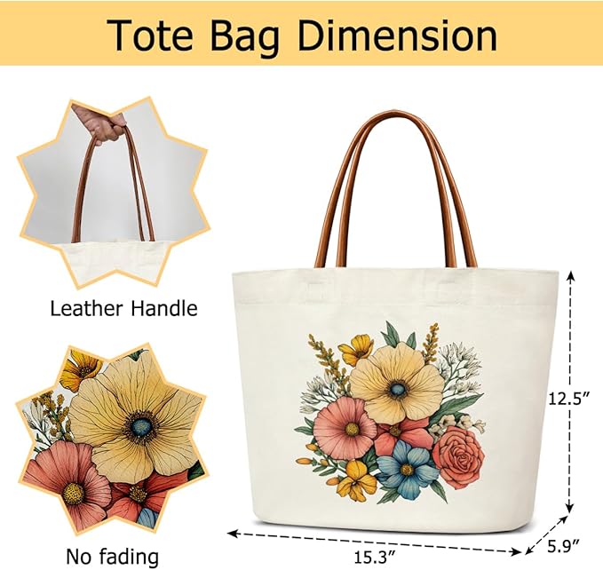 Floral Canvas Tote Bag For Women, Flower Tote Bags for Grocery Shoulder Bag for Work Beach Travel Gym, Beach Bag Shopping Handbag Motivational Gifts Birthday Gifts for Mom Teacher Friends -11