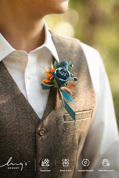 Ling's moment Boutonniere for Men, 6pcs Groom Groomsmen Boutonniere, Artificial Flowers for Wedding Decor/Prom/Homecoming, etc.Dark Teal Burnt Orange