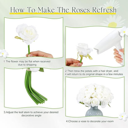 Jexine 240 Pcs Artificial Rose Flowers Bouquet Silk Realistic Flowers Bulk Centerpieces DIY Bride Fake Rose for Home Bridal Wedding Party Decorations(White)