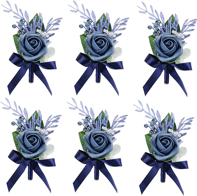 Meldel Blue Boutonniere for Men Wedding, Set of 6, Groom Groomsman Guest Boutonnieres Wedding Decor Artificial Flowers Corsage for Wedding Ceremony Formal Dinner Prom Party Decoration