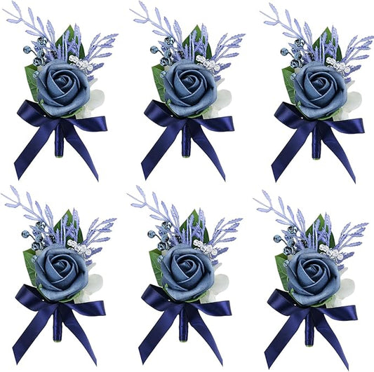Meldel Blue Boutonniere for Men Wedding, Set of 6, Groom Groomsman Guest Boutonnieres Wedding Decor Artificial Flowers Corsage for Wedding Ceremony Formal Dinner Prom Party Decoration