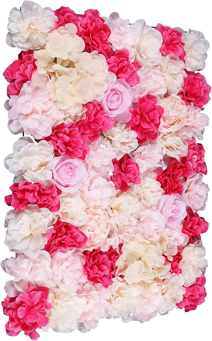 16"x 24" Artificial Flower Wall Panels,Flower Wall Mat Silk Flower Panels for Outdoor Garden Backyard Fence Fence Privacy Screen and Indoor Wall Decor (4Pcs Rose Red+ Pink+ Light Yellow)