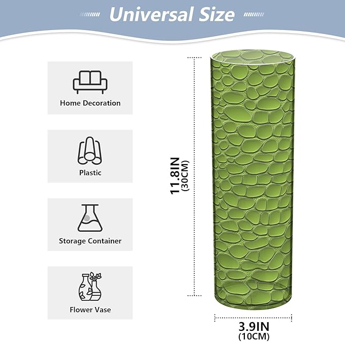 Flower Vase for Centerpieces, Green Crocodile Leather Texture Plastic Cylinder Vase, Clear Bud Vases for Home Wedding Office Table Decor