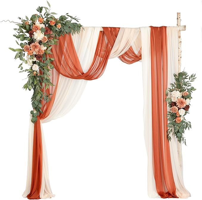 Ling's moment Fall Wedding Arch Flowers with Sheer Drapes Kit - Artificial Terracotta and Burnt Orange Floral for Ceremony Backdrop, Arbor Decor, 5-Piece Set (2 Flower Stems + 3 Hanging Drapes)
