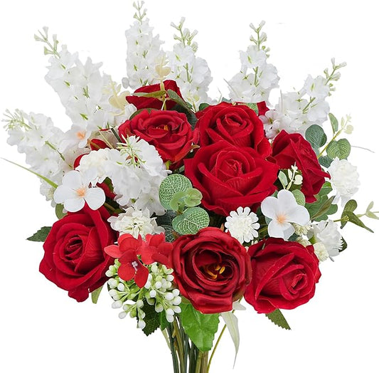 HUAESIN Artificial Rose Bouquet Faux Flower Stems Fake Rose Hyacinth with Red Heart Picks Spring Fake Floral Arrangements Indoor for Home Table Anniversary Valentine’s Decorations Outdoor