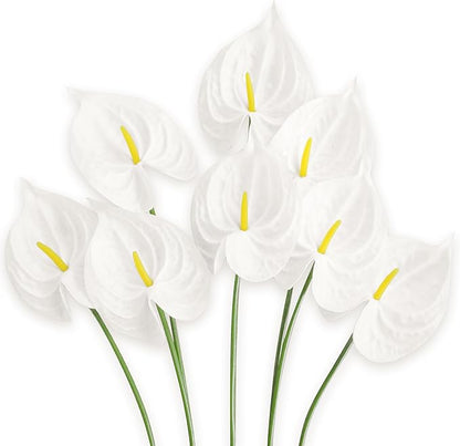 Real Touch Anthurium Artificial Flowers, 8pcs White Faux Tropical Flowers with Stems for Modern Wedding Bouquets, Elegant Centerpieces & Chic Party Decoration