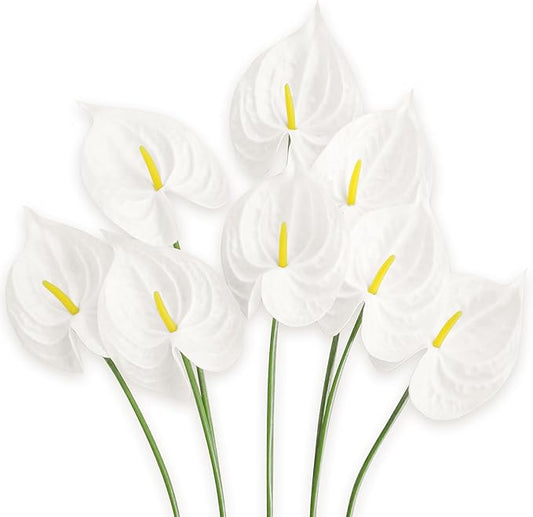 Real Touch Anthurium Artificial Flowers, 8pcs White Faux Tropical Flowers with Stems for Modern Wedding Bouquets, Elegant Centerpieces & Chic Party Decoration