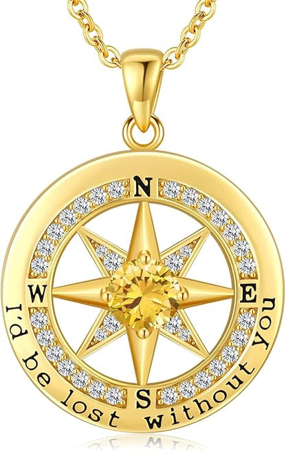 S925 Necklace Gift for Wife |Compass Jewelry |Women Anniversary |Sterling Silver |Girlfriend Birthday Gifts for Her Valentines |I'd be Lost without You |Jewel 18K Gold