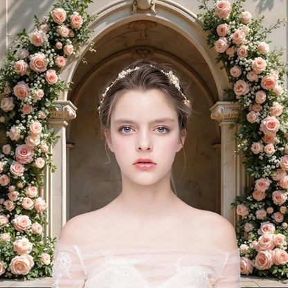 7x5ft Retro Pink Roses Flowers Backdrop Spring Blooming Floral Arch Old Palace Wall Background for Wedding Mothers Day Valentines Day Bridal Birthday Princess Couples Women Portraits