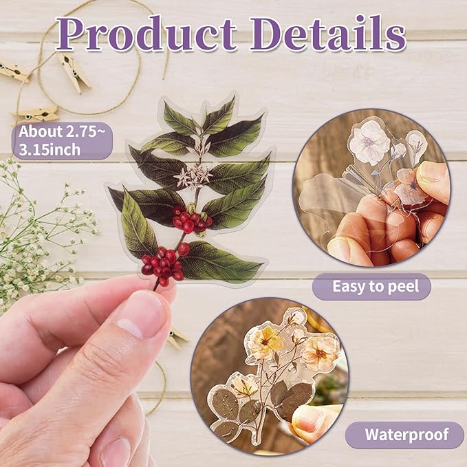 Transparent Flower Stickers for Scrapbooking PET Nature Plant Stickers Floral Stickers Vintage Craft Sticker Colorful Small Flower Sticker for Journaling Scrapbooking Clear Flower Decals(Style B)