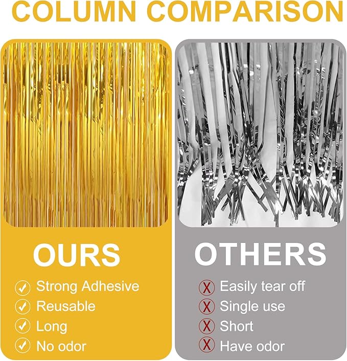 2 Pack 3.28 ft x 6.56 ft Golden Tinsel Curtain Party Backdrop Decorations, Metallic Foil Fringe Backdrop Door for Halloween, Christmas, Birthday Graduat