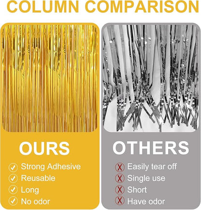 2 Pack 3.28 ft x 6.56 ft Golden Tinsel Curtain Party Backdrop Decorations, Metallic Foil Fringe Backdrop Door for Halloween, Christmas, Birthday Graduat