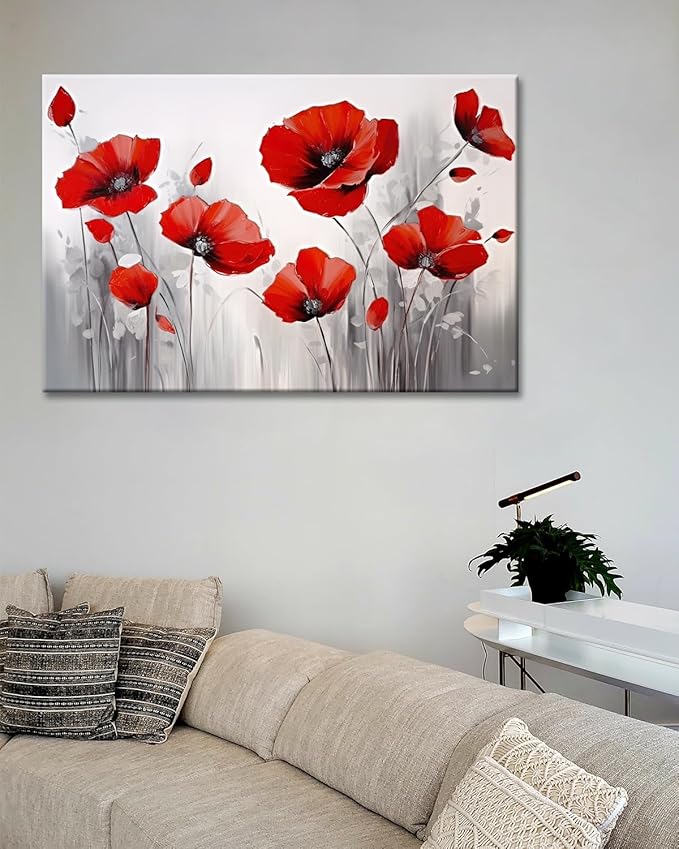 GLOKAK Red Poppies Wall Art - Modern Floral Red Poppy Flower on Grey Background Painting Poster Canvas Print Artwork For Home Bathroom Bedroom Decoration (20"x30")