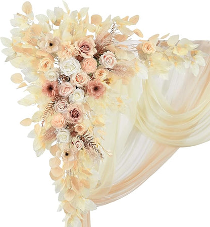 Wedding Arch Flowers Kit Pack of 5,2pcs Boho Artificial Floral Swag Arrangement and 3pcs Fabric Drap for Wedding Flower Arch Decor Ceremony Arbor Reception (Beige)